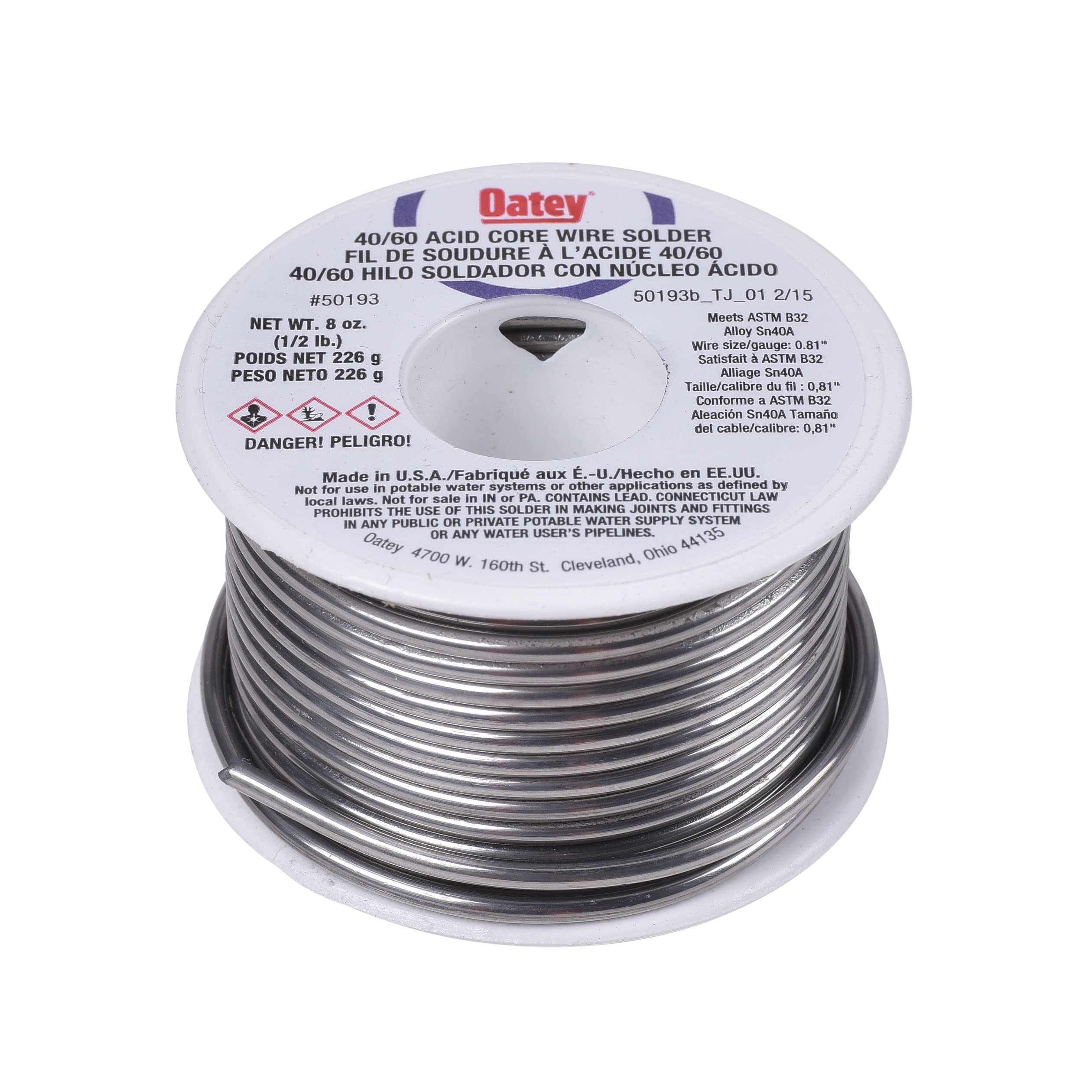 OATEY 50193 Acid Core Wire Solder, 0.5 Lb. Carded, Solid, Silver